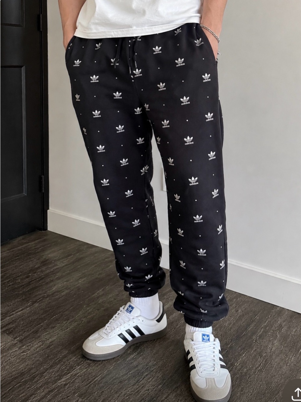 adidas Black Joggers with White Trefoil Print Unisex Size Small